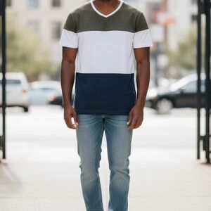 Boss Men's Short Sleeve Colorblock V-Neck Tee in Olive Green, White & Navy